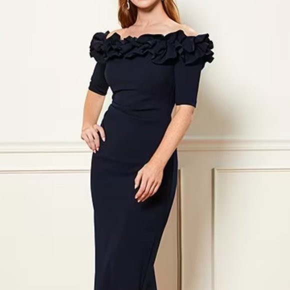 XScape Navy Blue, Ruffled, Off-the-shoulder Crepe Sheath Gown size 22 - Picture 2 of 10